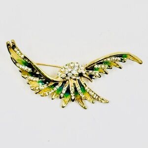 Gold Tone Eagle in Flight Brooch W/Green & Yellow Enamel & Clear Rhinestones